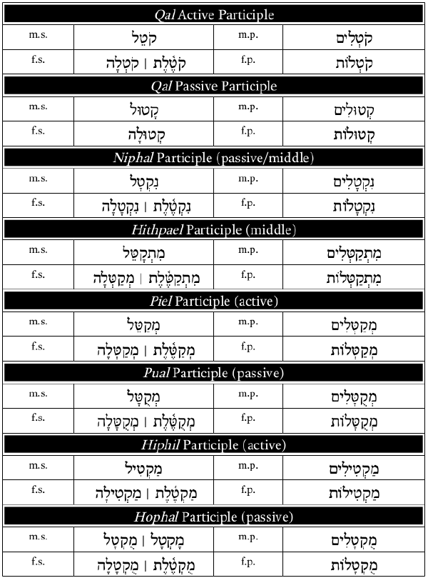 Participle Paradigm from Elementary Biblical Hebrew 5th Edition